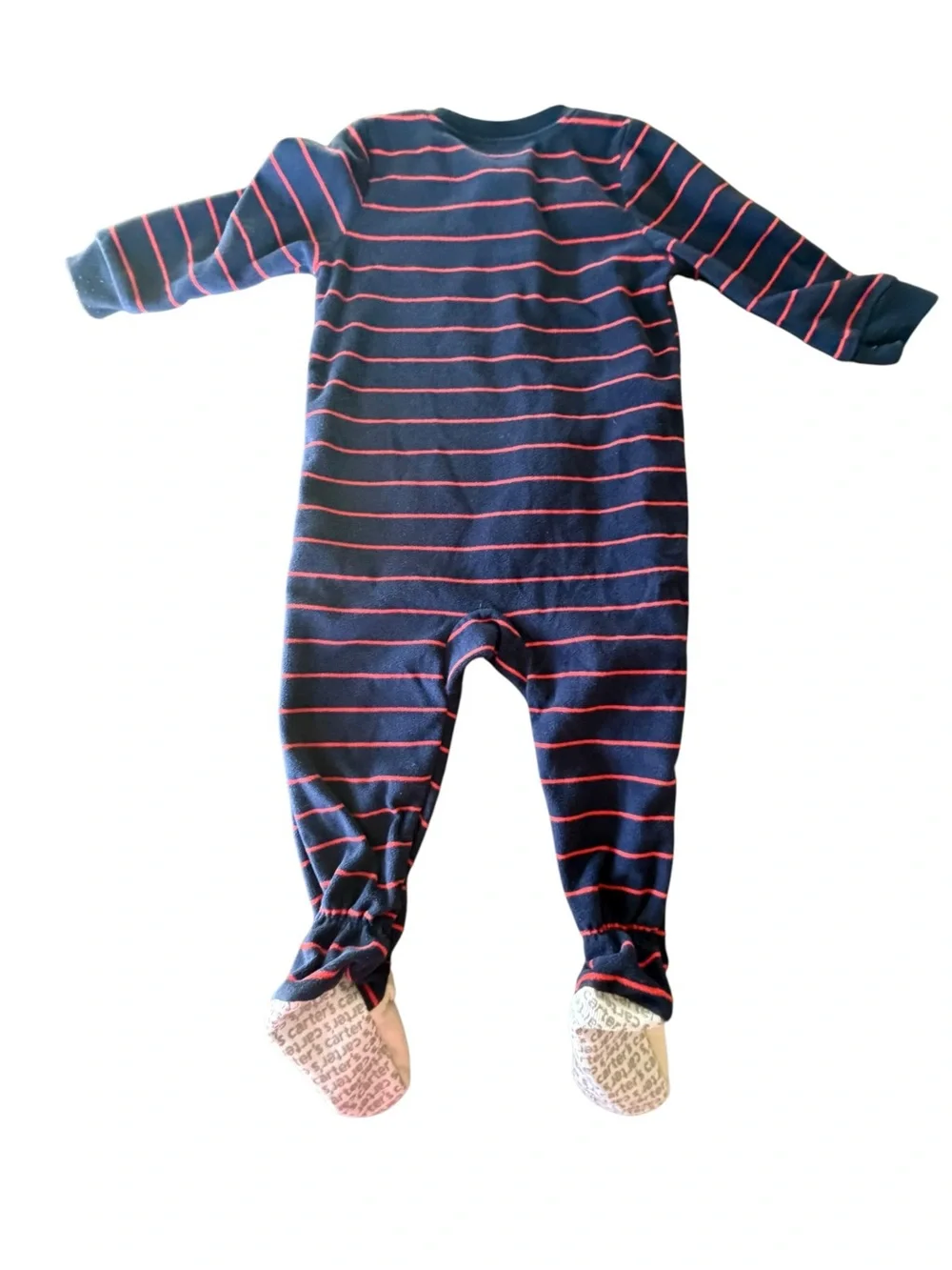 Carter’s Navy Blue Red Stripe Fleece Bear Footed Zip Sleeper Pajamas 18M